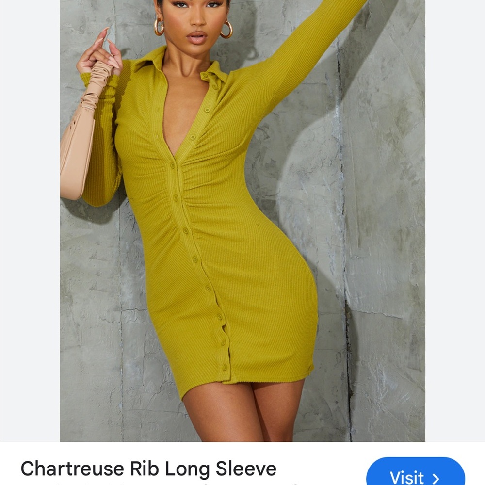 PrettyLittleThing Yellow Green Ruched Long Sleeve Dress